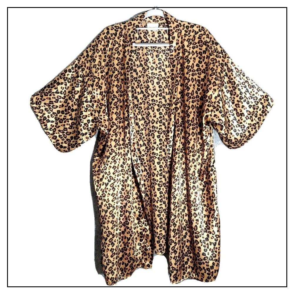 Vintage Intimate Moods Robe L Satin Cheetah Kimono‎ Wrap Lightweight Mod Wife